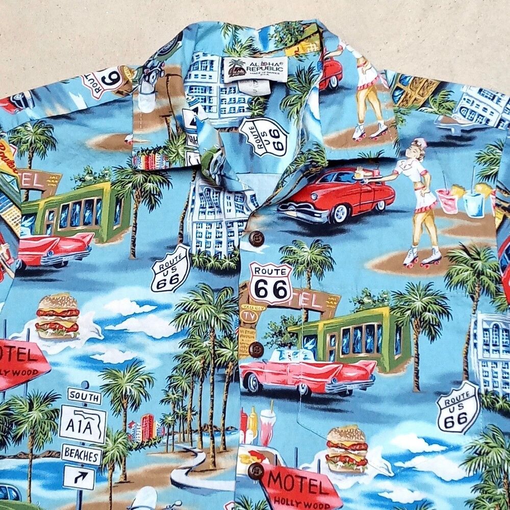 VTG Aloha Republic Hawaiian Route 66 Shirt SMALL Made USA Rockabilly Americana - Picture 2 of 8